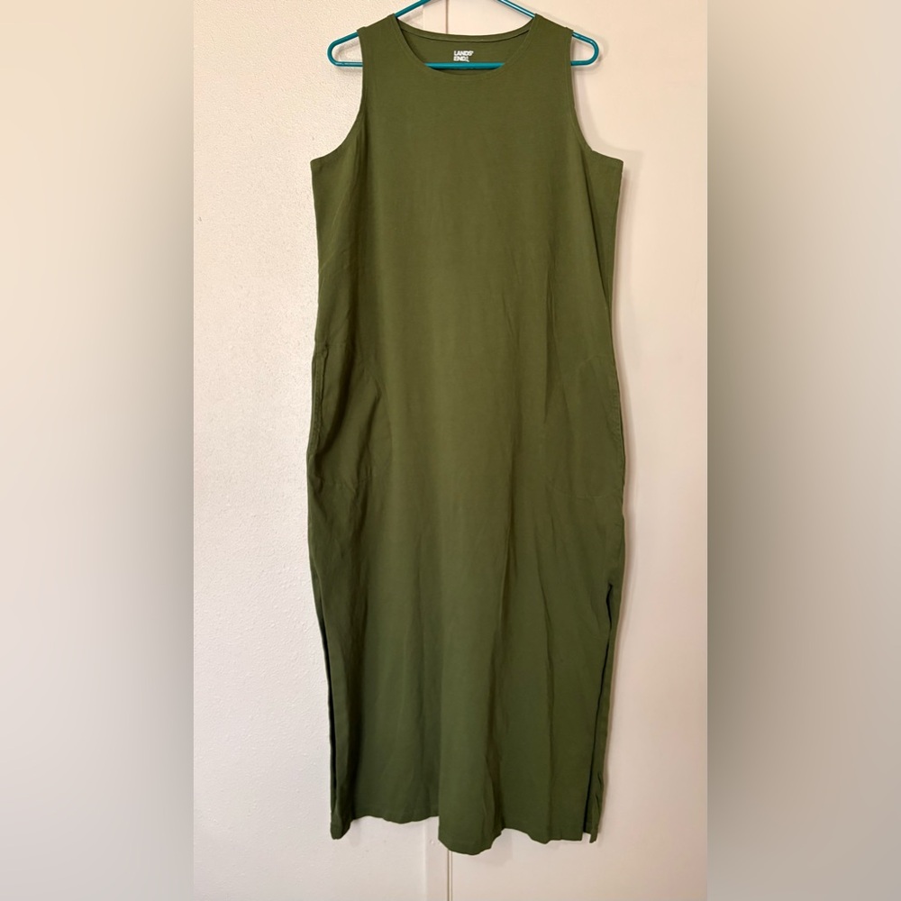 Lands' End Olive Green Sleeveless Long Dress W/ Pockets & SideSlits Size L 14-16